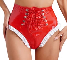 BamBella® Slip Onderbroek - Maat S/M - Erotische Sexy BDSM Lingerie Dames - Rood rits ondergoed Datex mix latex en stof wetlook open kruis — thumbnail 2