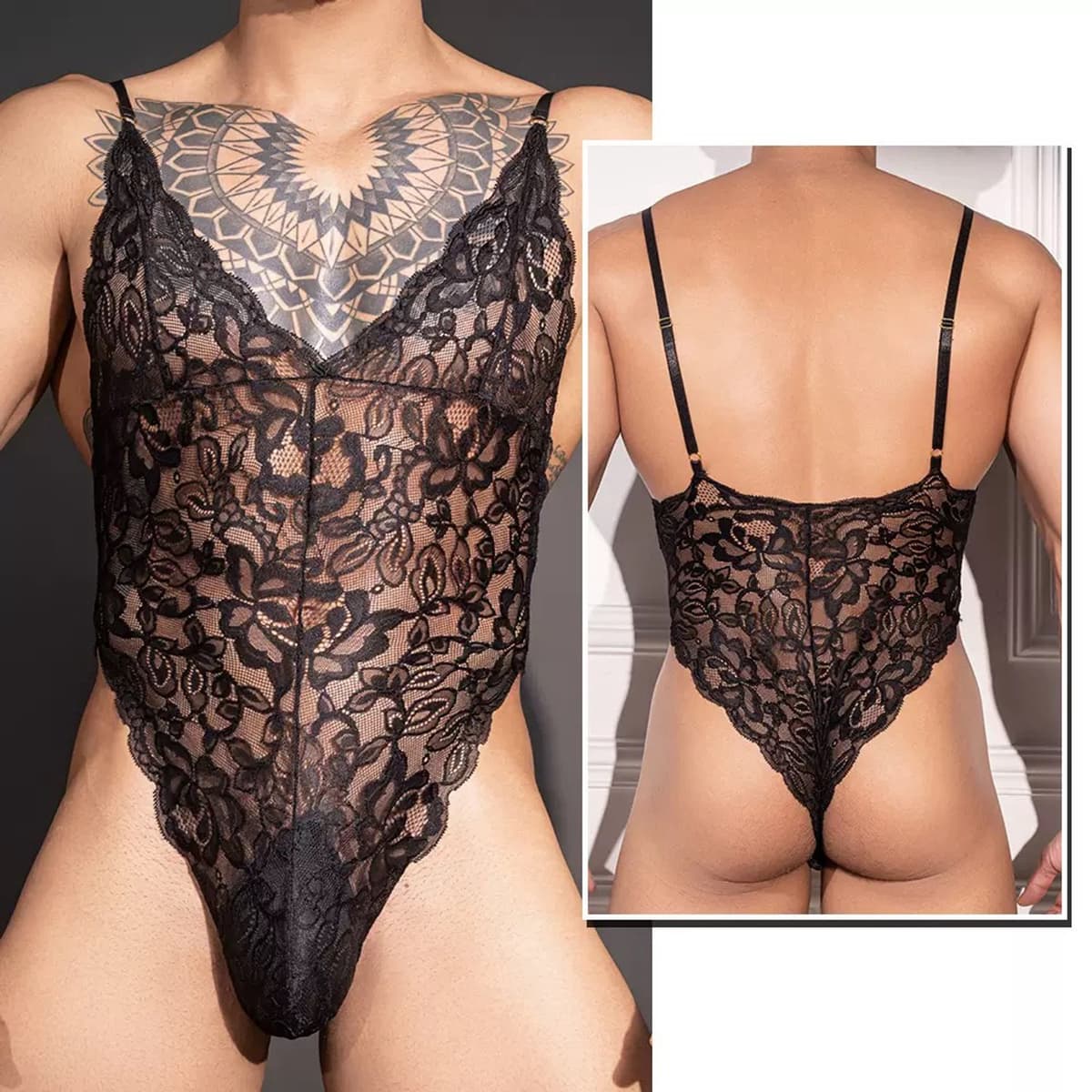 Pittige Vader Sexy Lace Heren Bodysuit - Zwart - Nieuwe stijl - Herenshirt - Lingerie voor Mannen - Onderbroek - Ondergoed - Sexy Herenlingerie - Zeer elastisch - Erotisch en sexy - Slip - Sexy - Zacht en comfortabel — afbeelding 1