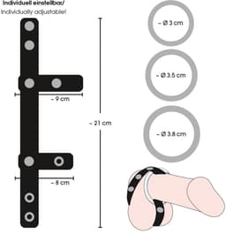 Sextreme – Lederen Balzak Riem met 3 Penis Ringen met Druk Knopen voor Gemakkelijk Gebruik – Zwart — thumbnail 3