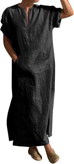 Heren thobe kaftan lange mouwen islamitische abaya moslim met zakken gebedskleding robe lang Arabisch linnen A38 — thumbnail 5