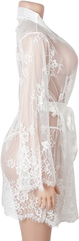 Zeloria Kanten Kimono Set met String – Transparante Sexy Nachtmode – Wit – M/L — thumbnail 2