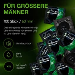VITALIS 100 premium condooms 60mm XXL | Nominale breedte 64 mm | Gevoelsechte transparante condooms extra groot | met glijmiddel op siliconenbasis — thumbnail 2
