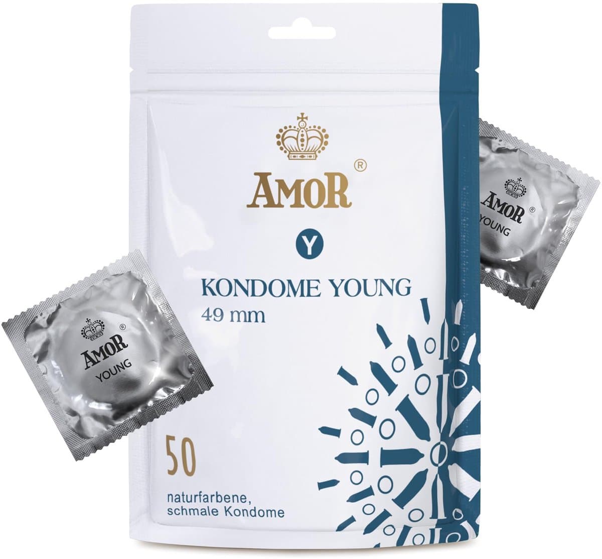 AMOR Premium condooms, Met extra dunne of sterke wanddikte of met noppen, Nauwe pasvorm Ø 49 mm, 50 stuks — afbeelding 1