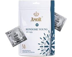 AMOR Premium condooms, Met extra dunne of sterke wanddikte of met noppen, Nauwe pasvorm Ø 49 mm, 50 stuks