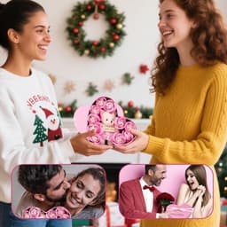 Rozen Geschenkdoos - Namaakbloemen Teddybeer - Romantisch Cadeau - Handgemaakt Onderhoudsvrij - Hartvorm - Roze — thumbnail 4