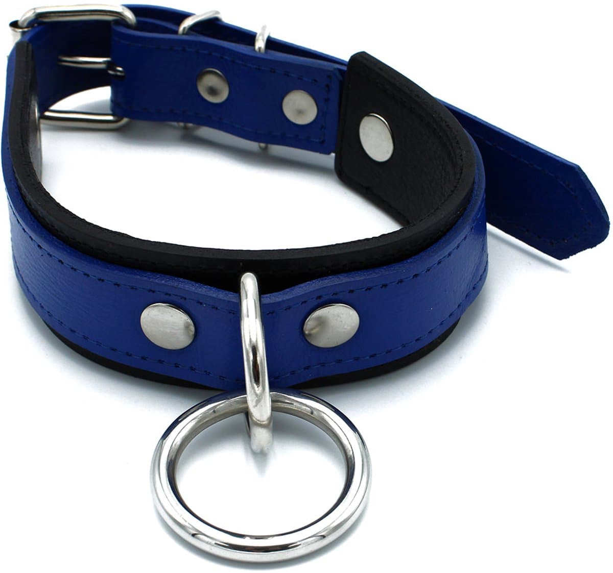 Kiotos - Zwart/Blauwe Lederen Collar met Grote O-Ring — afbeelding 1