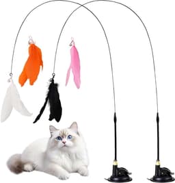 verpakking met 2 hengels voor katten met zuignappen, 4 veren en klokken, natuurlijk interactief speelgoed voor katten, hengels voor beweegbare en speelende kittens — thumbnail 1