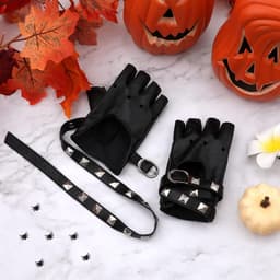 Handschoenen Leer Palm, PU Zacht Punk Handschoenen Vingerloze Handschoenen Leer Cosplay Zwarte Rocker Kostuum Accessoires met Spike-Armband voor Halloween Vrouw Tieners — thumbnail 4