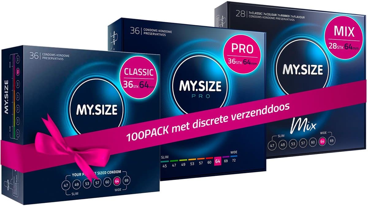 MY.SIZE 100 Condooms 64 mm Megaset Classic+Mix+Pro I Maat 1 I 100 stuks voordeelverpakking I Extra dun Premium condoom I Zeer dun gevoelig I Dunne wand I Vegan condooms I Condooms voor mannen — afbeelding 1