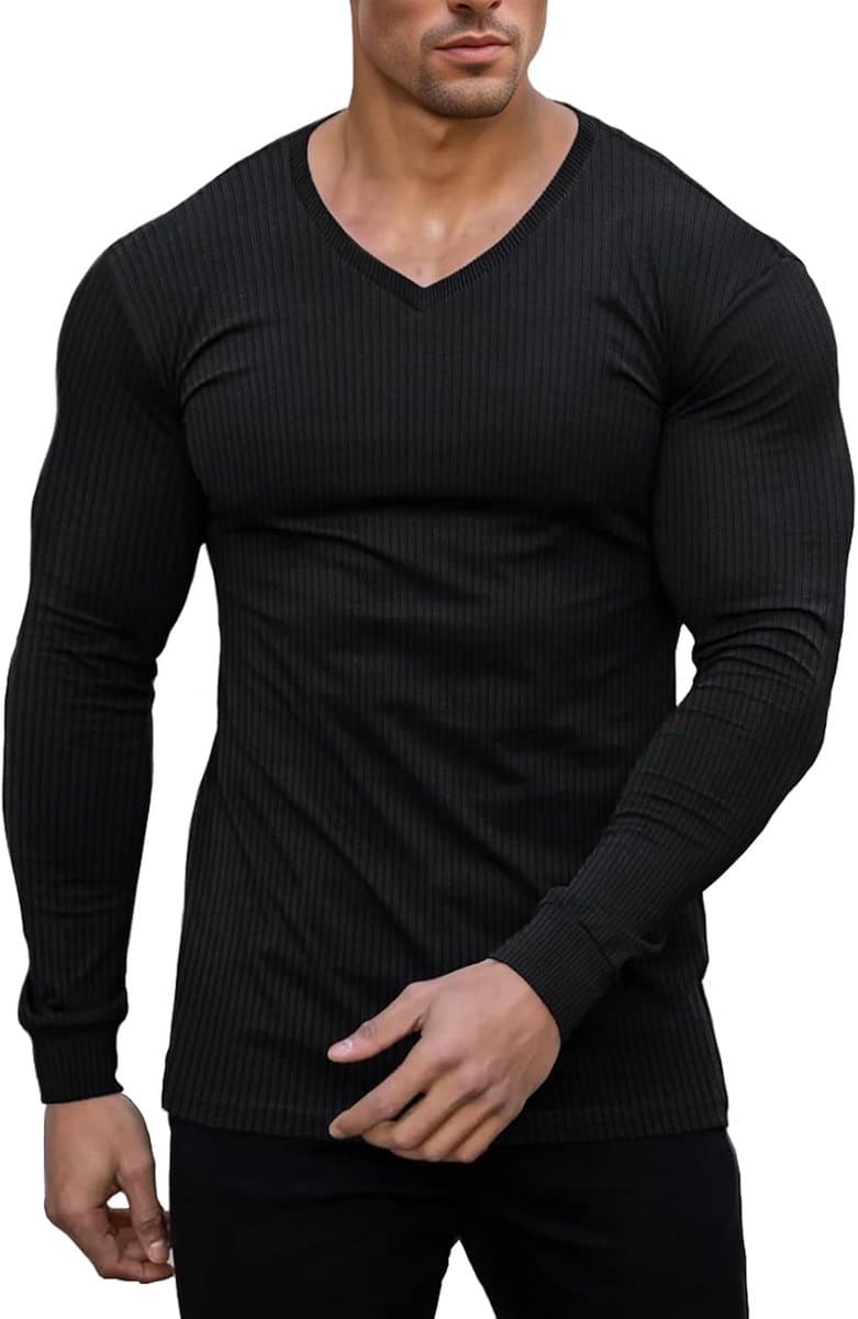 Cmdr Slim Fit V-hals Lange Mouw Spier-Thermo-T-Shirt Casual Geribbelde Trui Lichte Trui Onderhemden — afbeelding 1