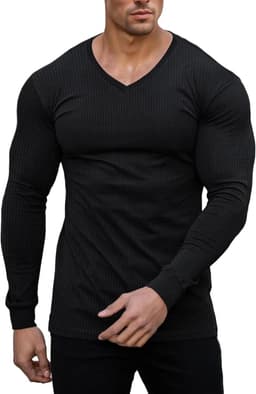Cmdr Slim Fit V-hals Lange Mouw Spier-Thermo-T-Shirt Casual Geribbelde Trui Lichte Trui Onderhemden — thumbnail 1