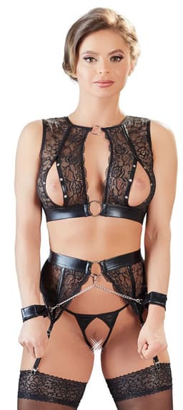 Cottelli Collection – Bondage Jarretel Set met Hand Boeien voor Onderdanig Genot – Maat L – Zwart — thumbnail 3