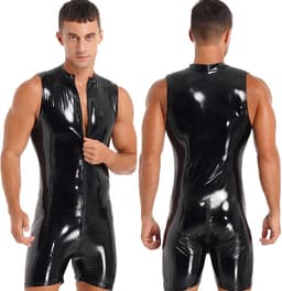 Heren Latex Wetlook jumpsuit deluxe - Mouwloos - Sexy bodysuit heren - PU lederen look - Bodycon - Club kleding - BDSM - SM — thumbnail 3