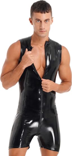 Heren Latex Wetlook jumpsuit deluxe - Mouwloos - Sexy bodysuit heren - PU lederen look - Bodycon - Club kleding - BDSM - SM — thumbnail 2