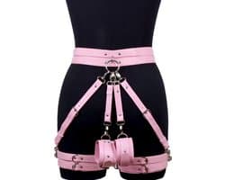 Handboeien BDSM Set Roze – Bondage Harnas met Handboeien & Zweepje – BDSM Set Dames – Verstelbaar PU Leer – Vastbinden Rollenspel – Discreet Bezorgd