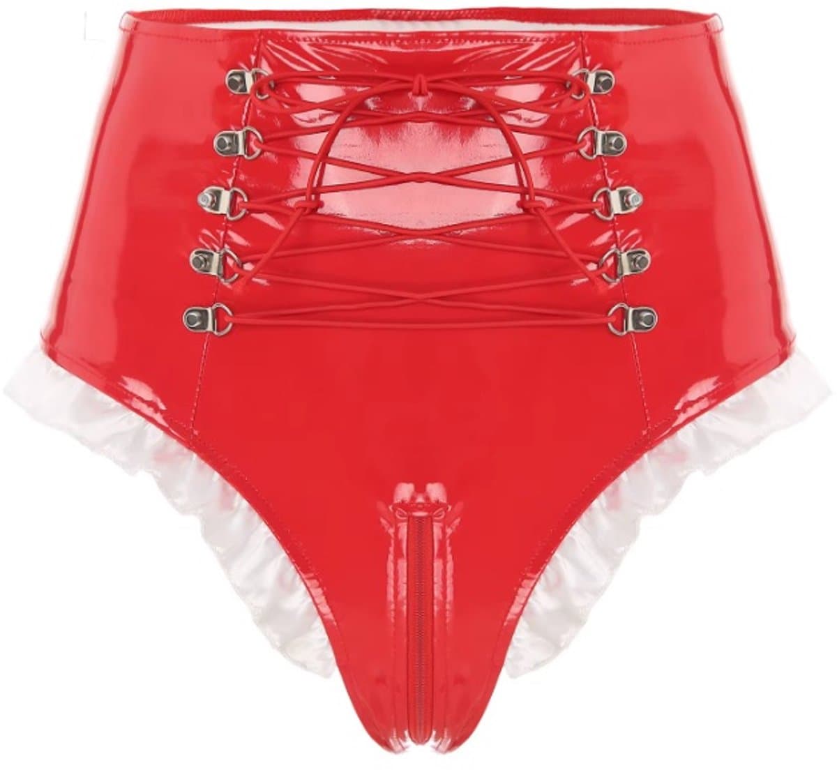 BamBella® Slip Onderbroek - Maat S/M - Erotische Sexy BDSM Lingerie Dames - Rood rits ondergoed Datex mix latex en stof wetlook open kruis — afbeelding 1