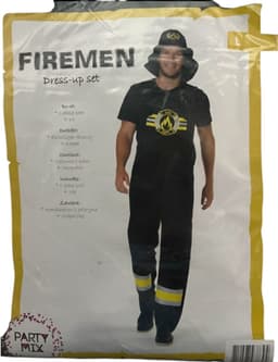 Brandweerman Verkleedkostuum – Zwart met Gele Strepen – Inclusief Grote Brandweer Pet – Maat M — thumbnail 2