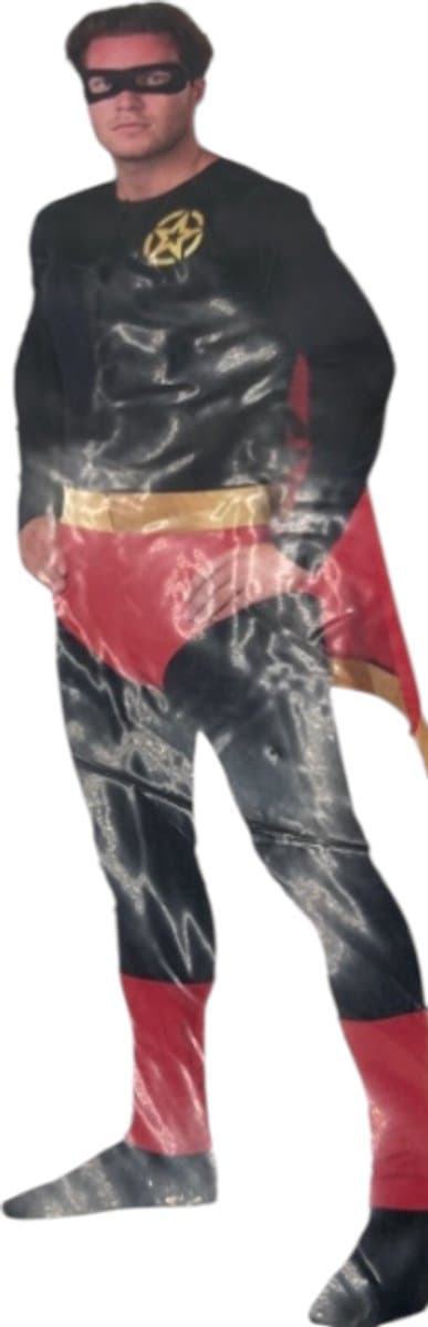 Erotisch Heren Superhelden Kostuum – Zwart Pak met Rood/Gele Cape & Masker – Maat M — afbeelding 1