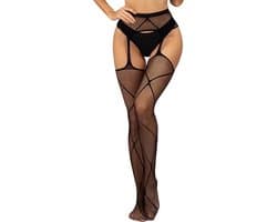 Sexy Panty met Open Heupen - 2 in 1 Jarretels en Panty - Zwart met Patroon - Open Zijkanten - Erotische Elegante Panty - Lingerie - Doorzichtig - One Size