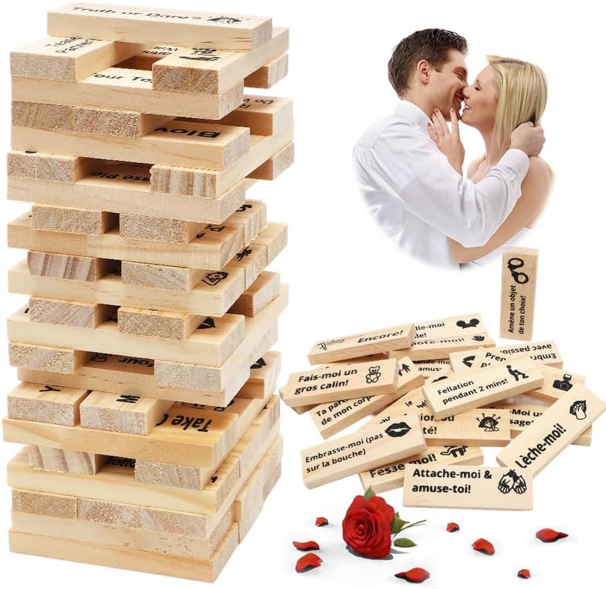 Ondeugende Blokkentoren - Houten Stapelspel - Avondje Plezier - 48 Verrassende Blokken - 7x3cm Blokken — afbeelding 1