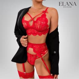 Elana Sorina – Luxe Kant Lingerie Set met Bh, String & Jarretels – Verleidelijke Dames Lingerie – XL – Rood — thumbnail 4