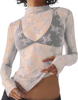 Transparant Chic Dames T-shirt met Lange Mouwen - Crop Top met Hoge Kraag voor Avond en Clubwear — thumbnail 4