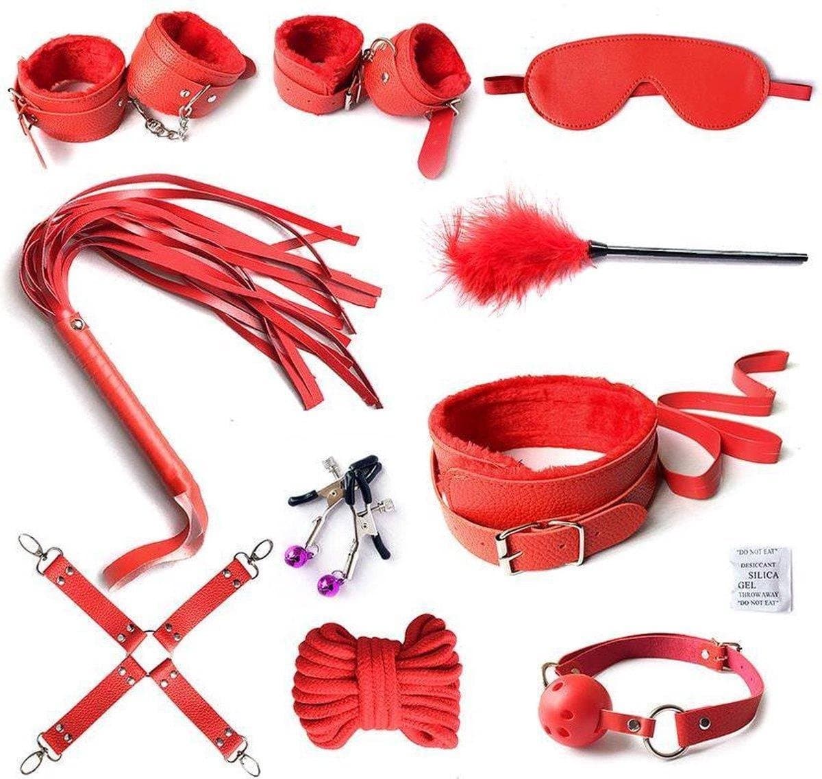 LOUZIR Bondageset | BDSM set | Bondage set | BDSM Toy set 10 delig | Luxe Sex Speeltjes Kit Met Tepelklemmen, halsband, handboeien, enkelboeien, bondage touw, masker en zweep & gag ball, bondageset ROOD — afbeelding 1