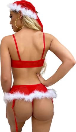 Sexy Kerstpakje Dames - 4 Delig met G-String, Rokje, BH en Kerstmuts - Rood - Kerst Lingerie - Erotische Kerst Outfit - Kerstvrouw - Kant - Maat L — thumbnail 4