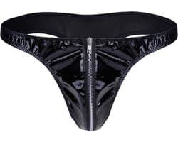 Heren Slip met Rits - Latex Look - String Zwart - Sexy Design - Mannen String - Ondergoed Maat XXL