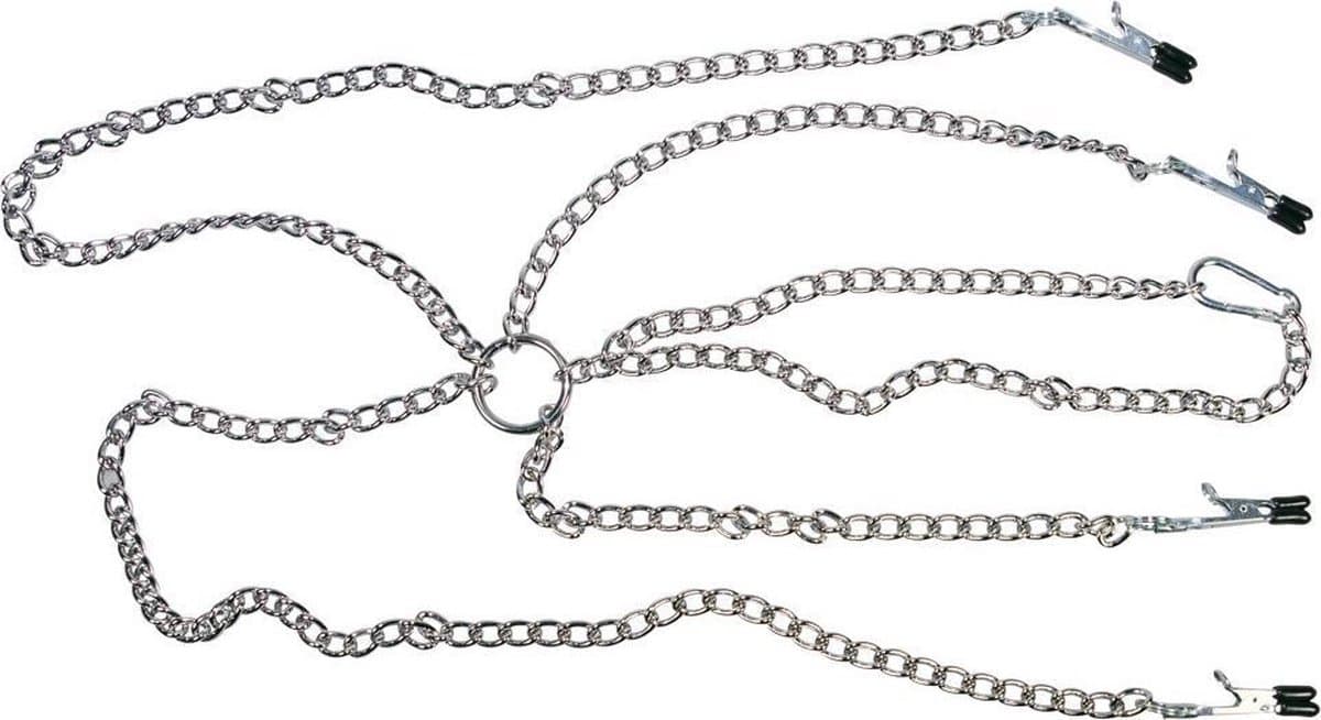 Sextreme – Metalen Schakel Harnas met 4 Klemmen voor Tepels en Schaamlippen – Zilver — afbeelding 1