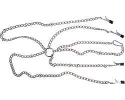 Sextreme – Metalen Schakel Harnas met 4 Klemmen voor Tepels en Schaamlippen – Zilver