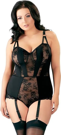 Cottelli Plus Size – Jarretel Body Lingerie Set met Transparante Delen en Verticale Stukken Vrouwelijk en Uitdagend – Maat 95F/2XL – Zwart — thumbnail 1