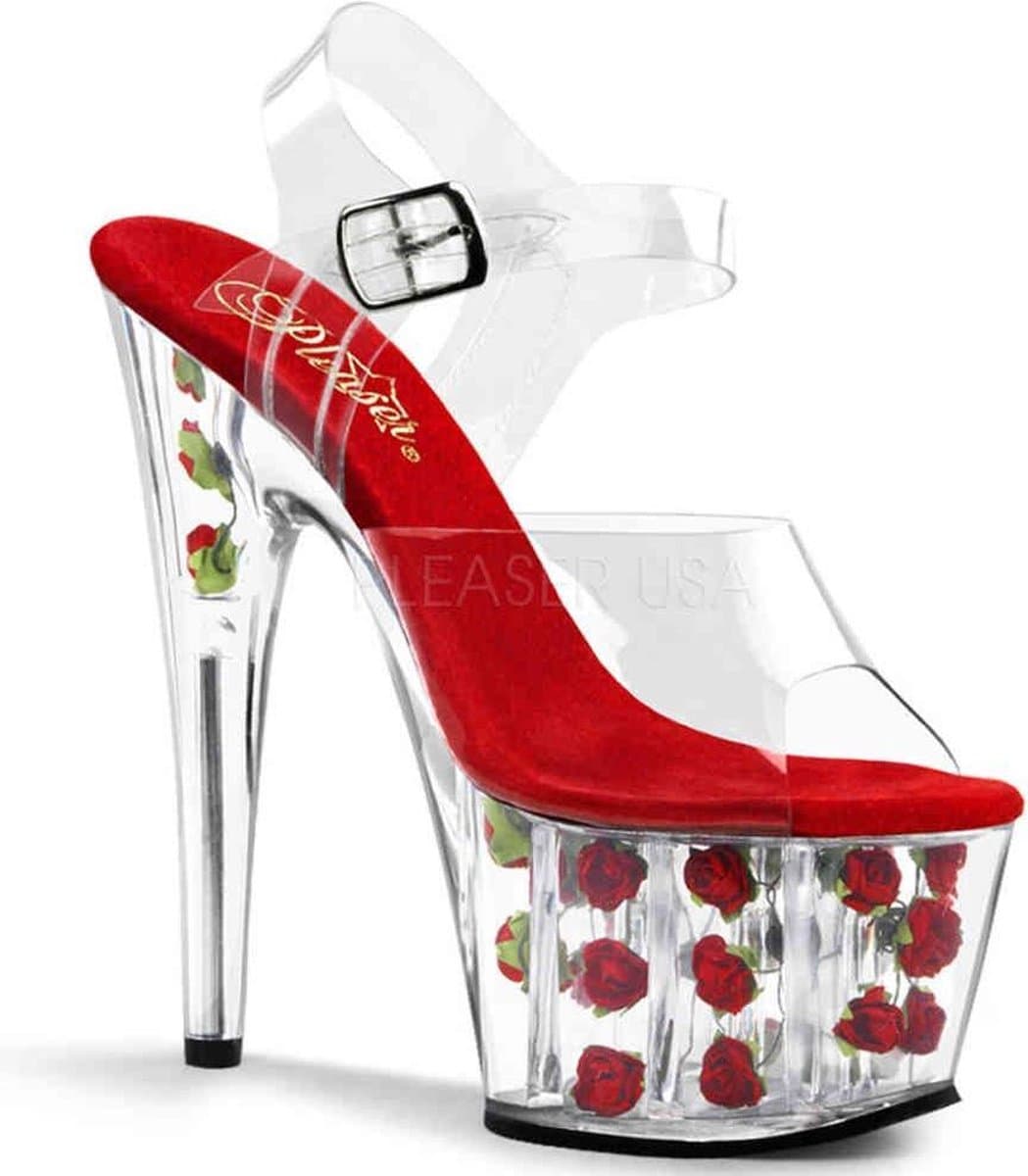 Pleaser - ADORE708FL Sandaal met enkelband, Paaldans schoenen - Paaldans schoenen - 42 Shoes - Rood/Transparant — afbeelding 1