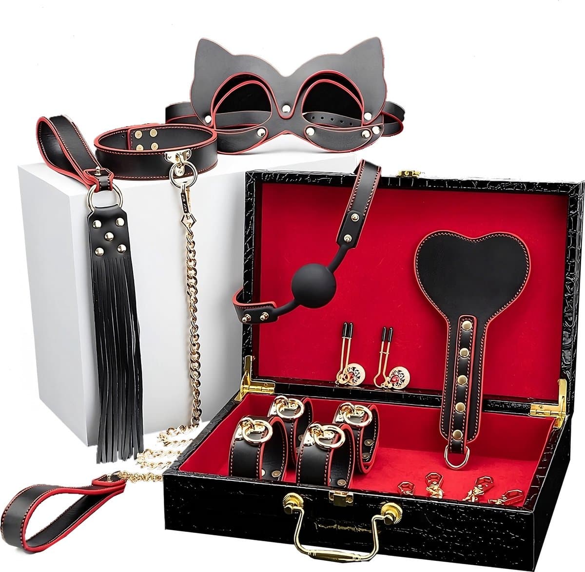Zora Welles - BDSM set voor beginners - BDSM Extreem - BDSM Set Leer - BDSM Masker - BDSM Handboeien - BDSM Zweep - BDSM Set Mondbal met luxe opbergkoffer en meer! — afbeelding 1