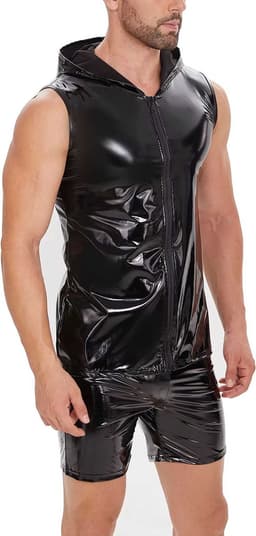 PU Lederen tanktop met capuchon - Ritssluiting - Latex wetlook vest - Mouwloos - Shirt - Heren — thumbnail 1