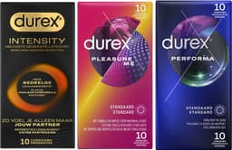 Durex - 30 stuks Condooms - Intensity 10st Nieuwste generatie ultradun, gedeelde lichaamswarmte - Pleasure Me met ribbels 10st - Performa vertragende effect 10st - Voordeelverpakking — thumbnail 1