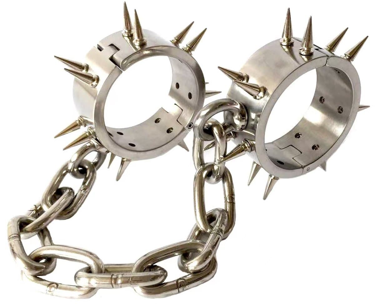 Prolink Novelties® - Handboeien met een ketting verbonden - handcuffs - stainless steel - luxe uitvoering met pinnen — afbeelding 1