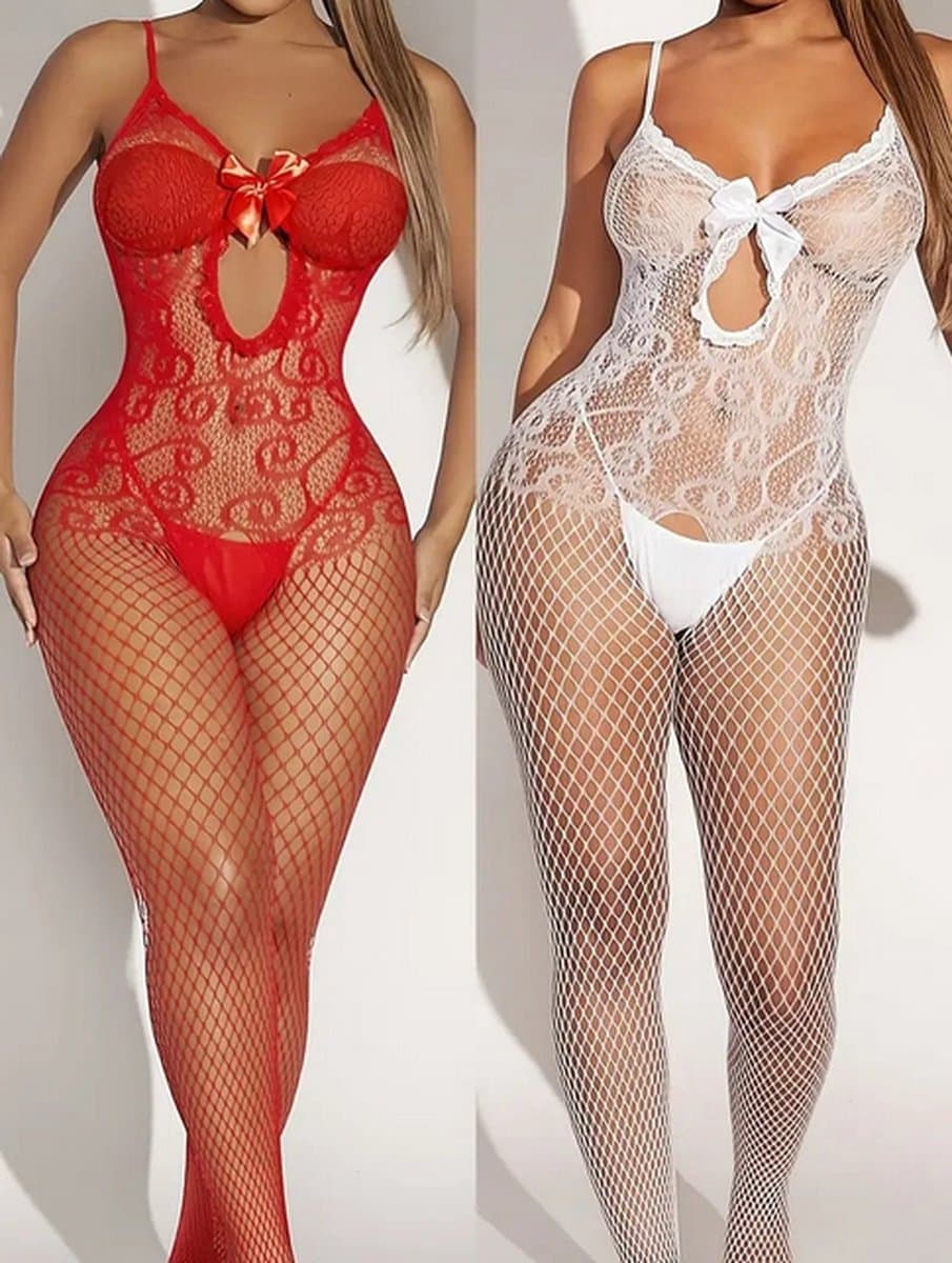 LekkerStout 2-Pack Bodystockings - Kant - Rood/Wit - Sexy Lingerie | S-L | LS250 — afbeelding 1