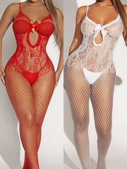 LekkerStout 2-Pack Bodystockings - Kant - Rood/Wit - Sexy Lingerie | S-L | LS250 — thumbnail 1