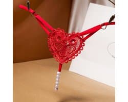 Sexy String met Parels - Kralen - Rood - Erotisch Design met en Hart op Achterkant - One Size String - Dames Onderbroek - Lingerie / Ondergoed