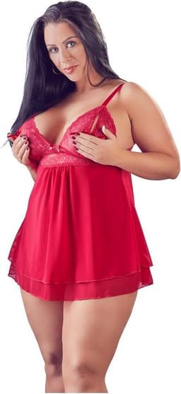 Cottelli Plus Size – Erotische Babydoll met Kanten Buste Motieven en Open Cups – Maat 4XL – Rood — thumbnail 6