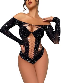 Erotische Body Met Kristallen I Erotische Fishnet Lingerie I Sexy Kanten Body I Erotische Body I Gesloten Kruis I One Size S-L I Zwart — thumbnail 1