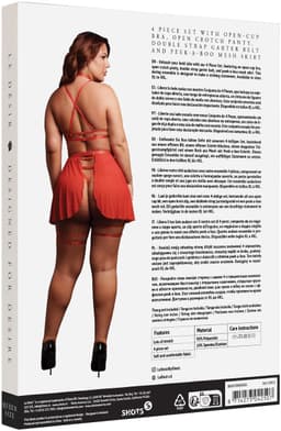 4 Piece Set with Bra, Panty, Double Strap Garter Belt and Peek-A-Boo Mesh Skirt - Plus Size - Red — thumbnail 4