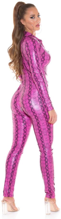 Wetlook catsuit – Slangenprint en open kruis S Roze — thumbnail 7