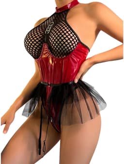 Sexy Lingerie Body – Erotisch jurkje – Rollenspel – Lak & Netstof – Latex & Datex – Kinky Mesh Bustier met Tule Rokje – Verleidelijk Fetish – Erotische Lingerie – BDSM – Lingerieset Dames – Sexy Lingerie – Festivallook – Bitch – Maat S, M, L, XL — thumbnail 3