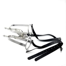 Nooitmeersaai - Tepelstretchers kooi met harnas - Metaal/PU leer - Zilver/zwart - 450 gram — thumbnail 2