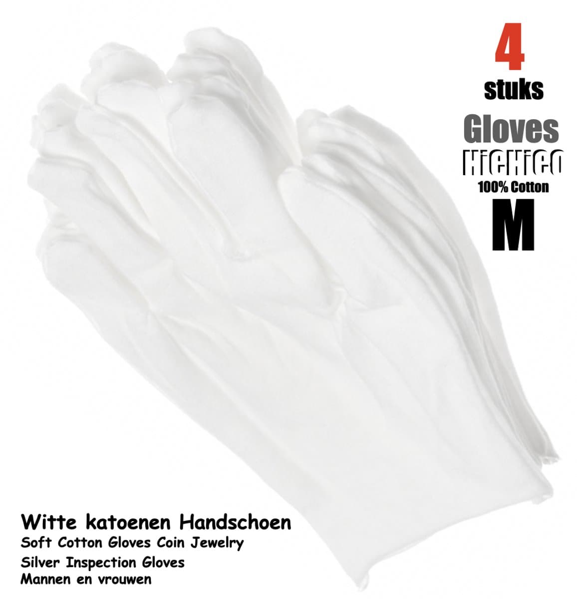 Katoenen handschoenen wit medium 4stuks – 2paar Beschermende Handschoenen - Medium - Gezondheidszorg - Ziekenhuis - Beauty Center, Kapper en Salon Spa Tattoo – Jewelry - eczeem / allergie / handcreme - juweliers / munt handschoen — afbeelding 1