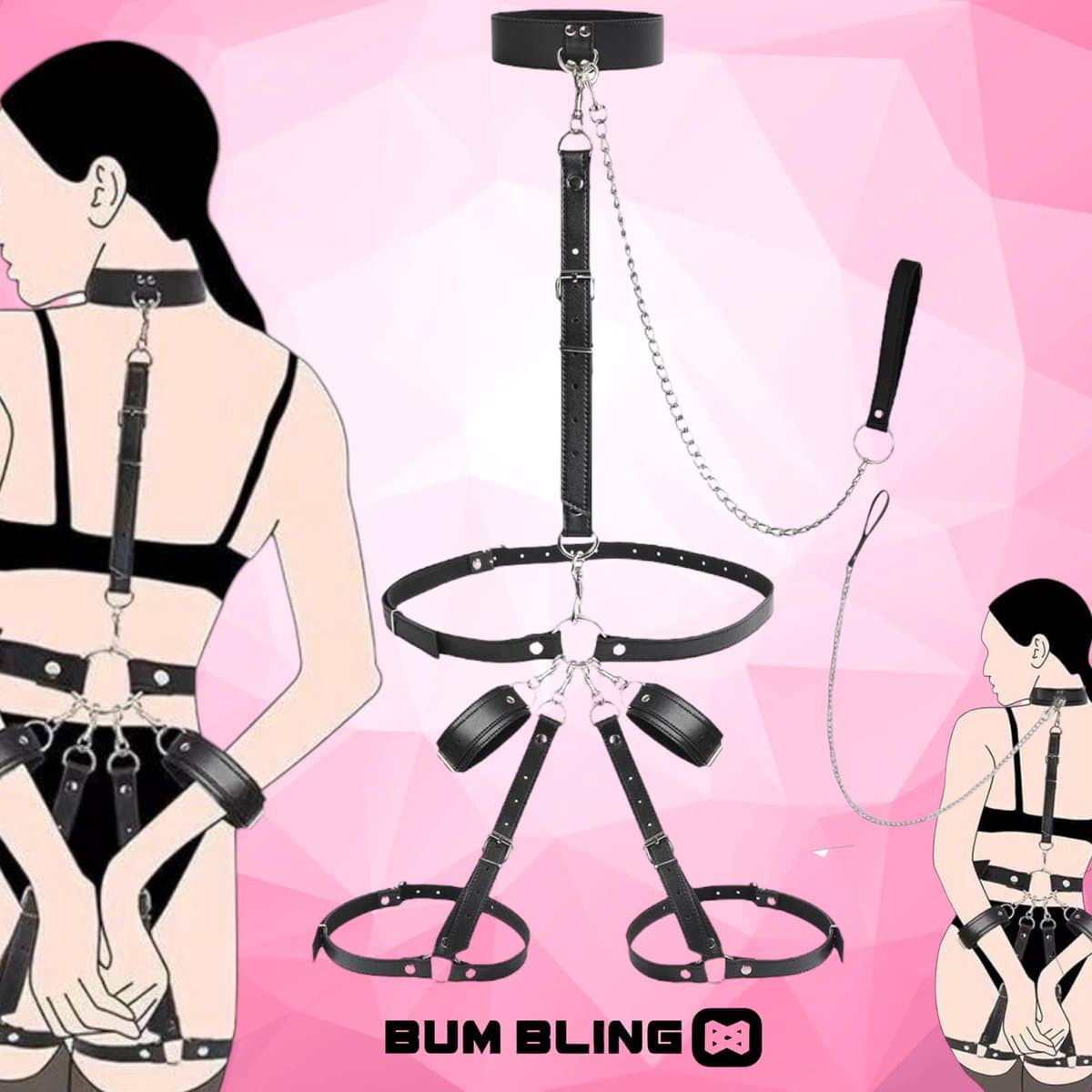 BUM BLING® - 5-Delig BDSM Harnas Vrouw - PU Leer - BDSM Toys - Zwart - Met Handboeien en Ketting — afbeelding 1