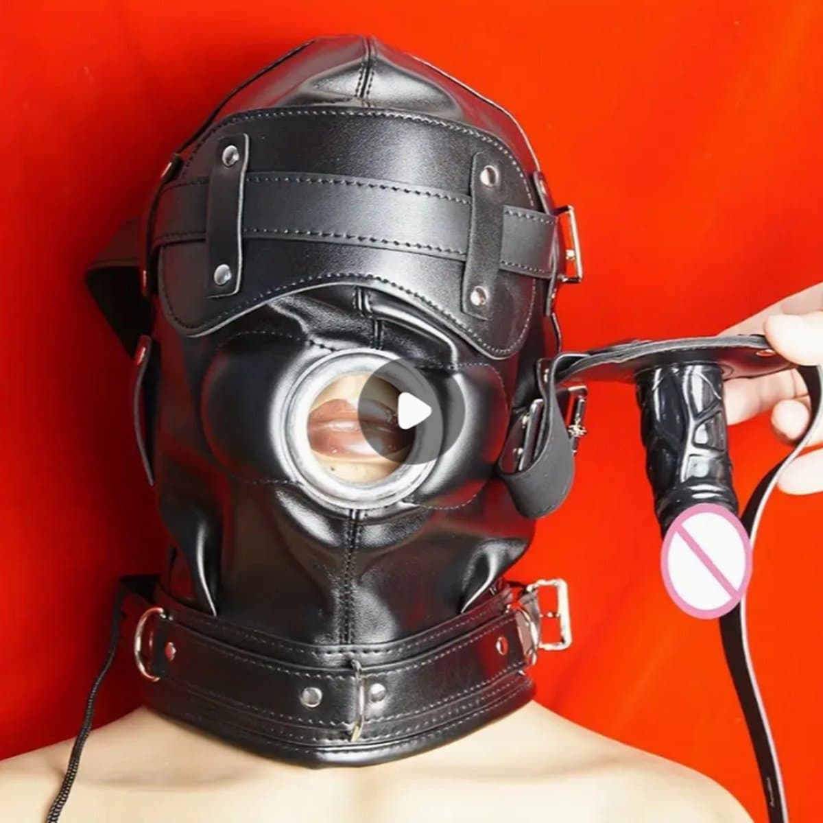 Fetisj PU Lederen bondage masker met gag penis - Mondknevel BDSM masker - Blinddoek - Gespen en riemen - Verstelbaar - One size — afbeelding 1