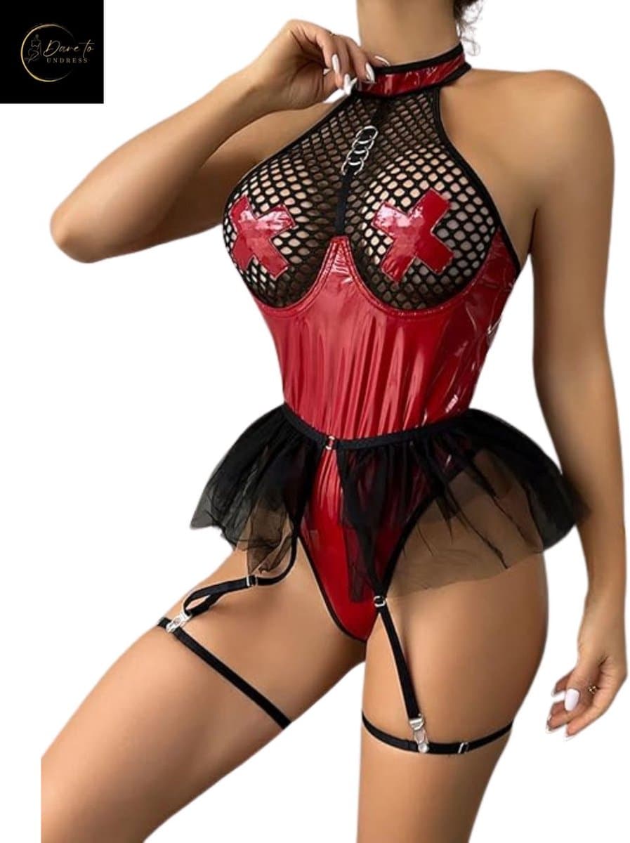 Sexy Lingerie Body – Erotisch jurkje – Rollenspel – Lak & Netstof – Latex & Datex – Kinky Mesh Bustier met Tule Rokje – Verleidelijk Fetish – Erotische Lingerie – BDSM – Lingerieset Dames – Sexy Lingerie – Festivallook – Bitch – Maat S, M, L, XL — afbeelding 1